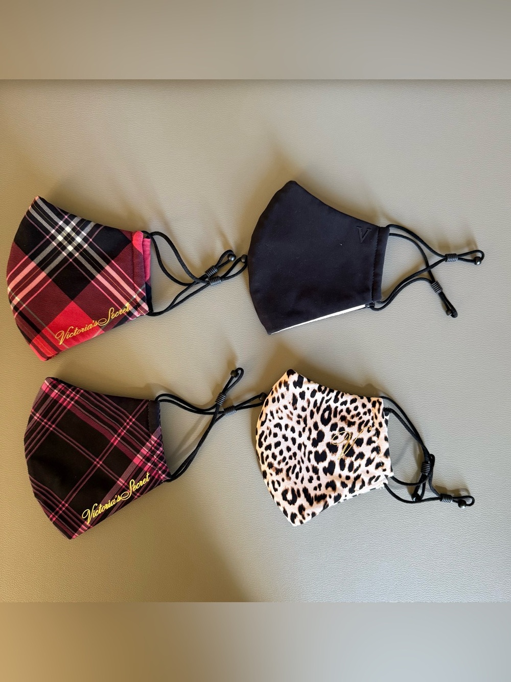 Victoria’s Secret 4 Face Masks — Black, Leopard, Pink Plaid, Red Plaid